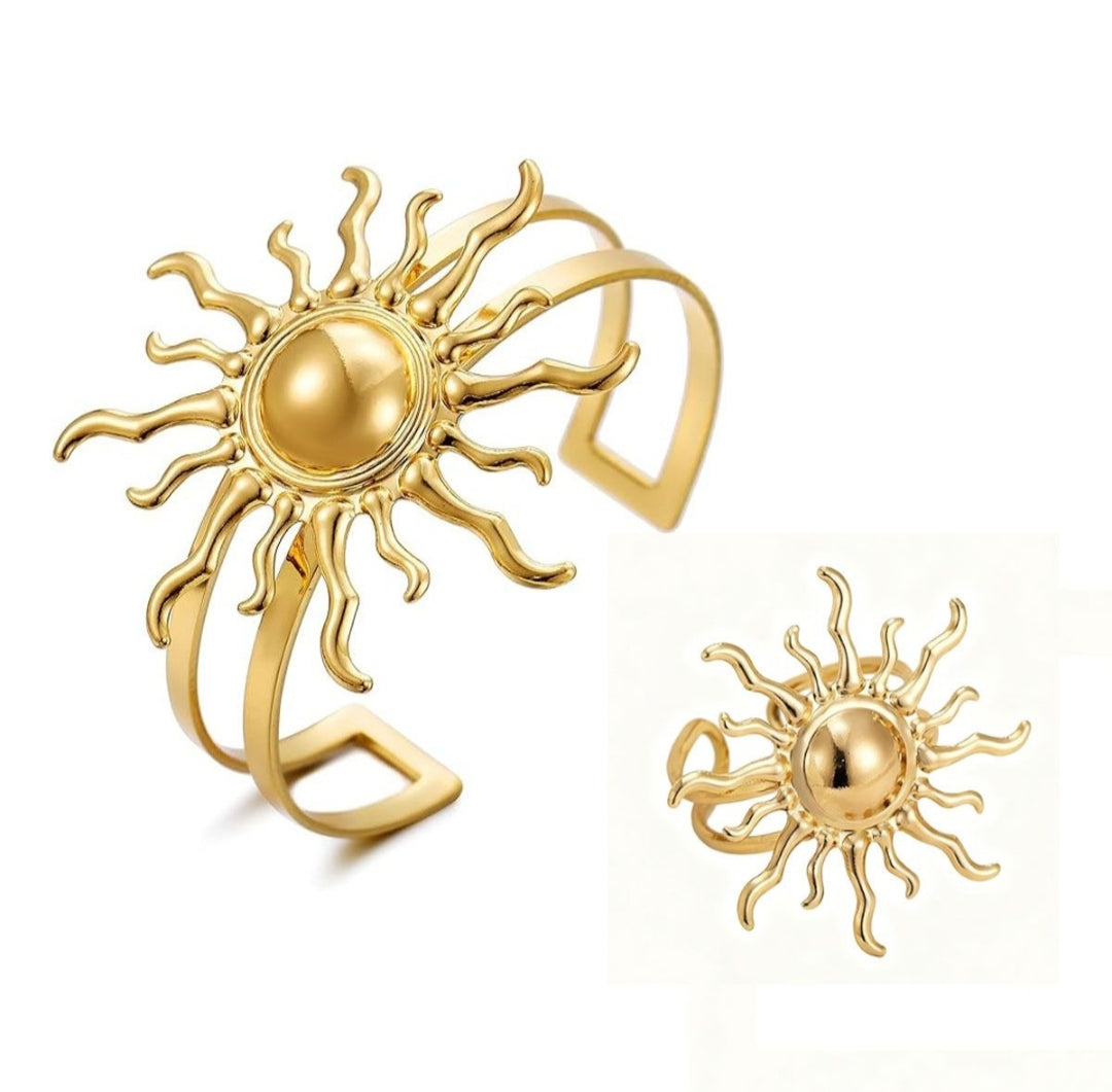 Gold Sun Bracelet Ring Set,Bohemia Retro Adjustable Statement Jewelry - 2 Piece