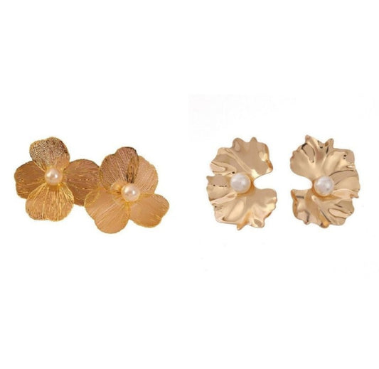 Gold Earrings Set 2 pairs of Ear Vintage Pearl Flowers Women Jewelry Gifts