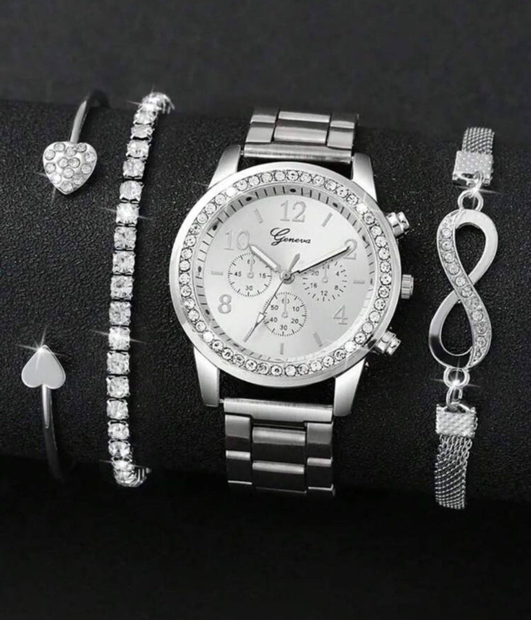4 Pieces Lady's Silver Stainless Steel Strap Classic Quartz Watch Jewelry Set