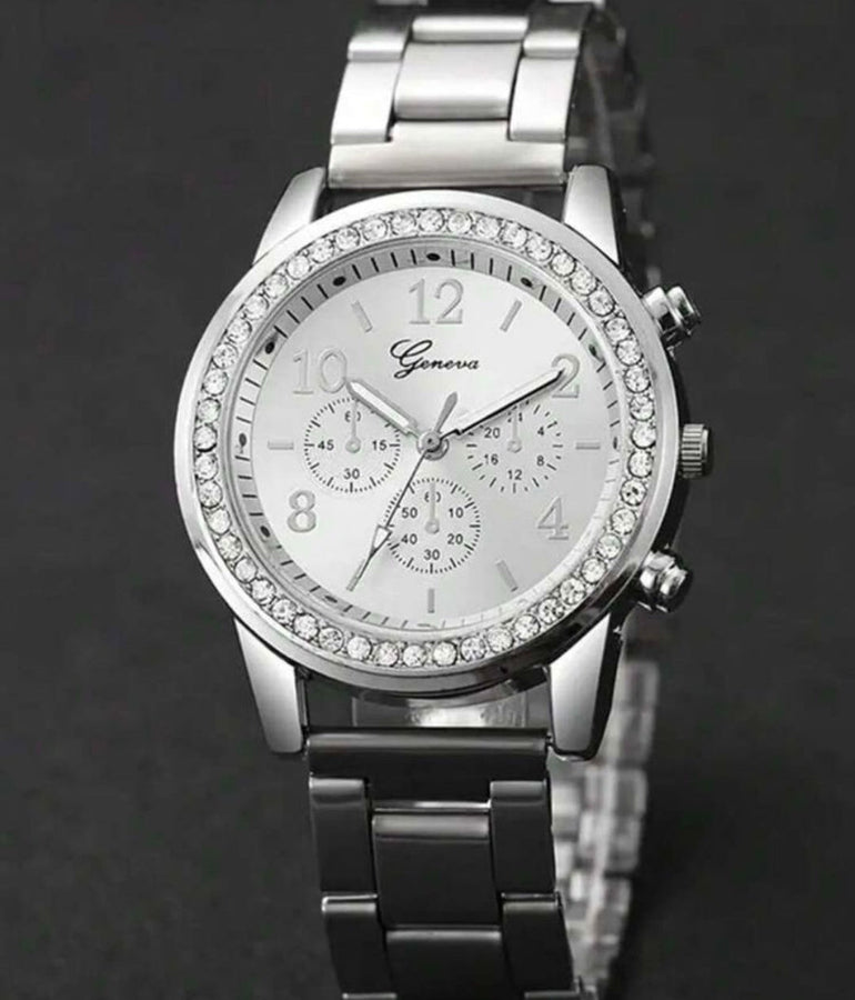 4 Pieces Lady's Silver Stainless Steel Strap Classic Quartz Watch Jewelry Set